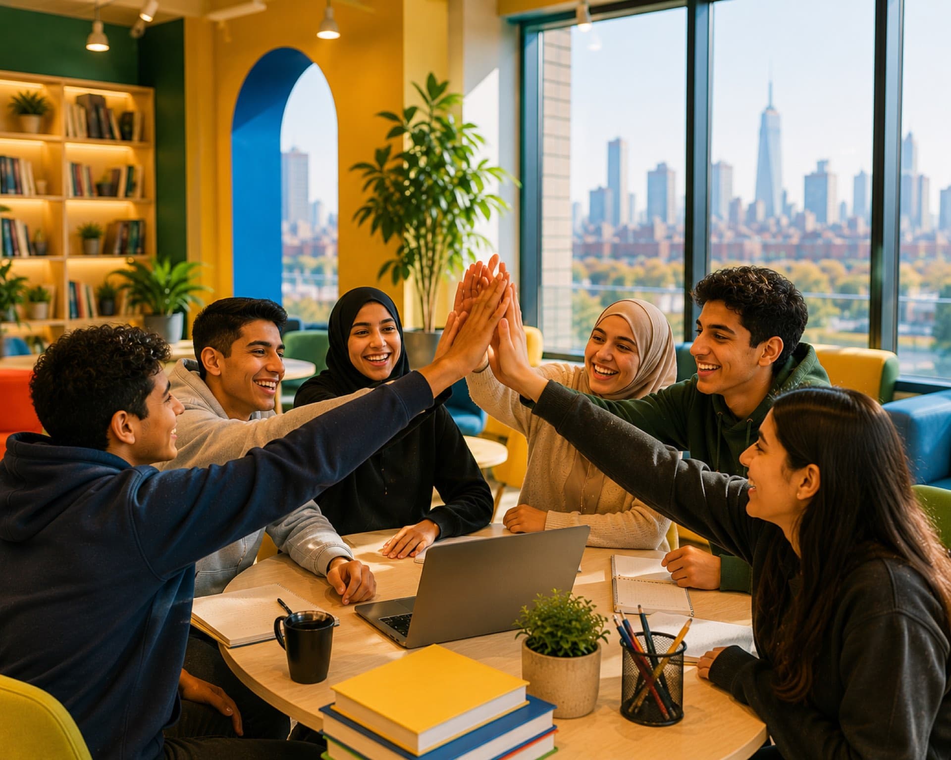 Six young people around a table putting their hands together in the middle, laughing.